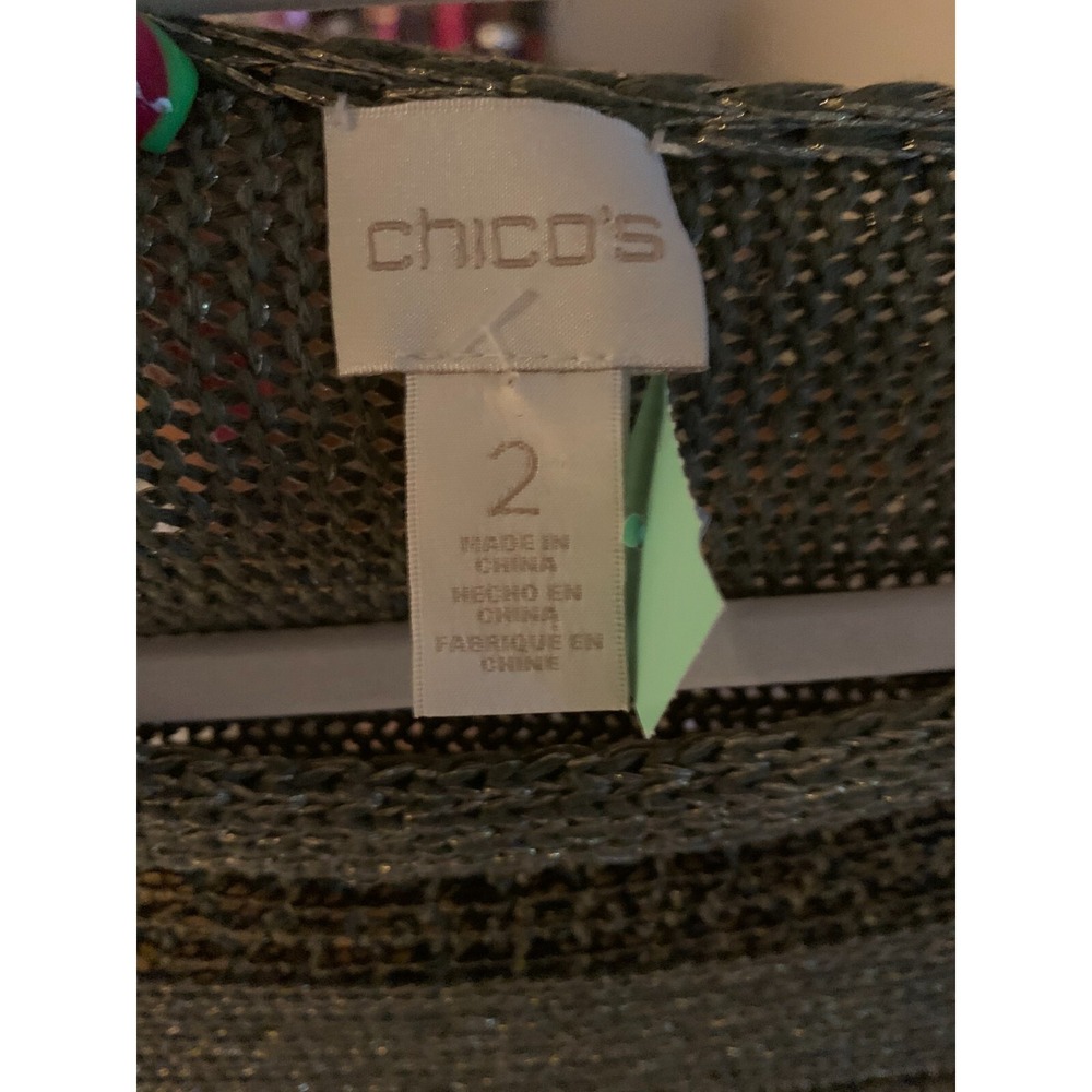 Vintage Chicos Sequin Olive Green Metallic Knit Short Sleeve Sweater Sz 2 - Picture 4 of 4
